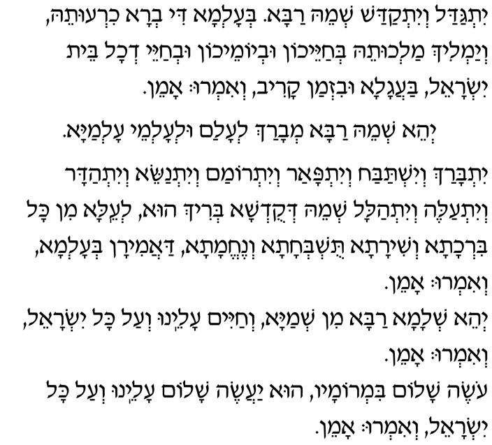 Hebrew Text of Mourner's Kaddish Yitgadal v’yitkadash sh’mei raba. B’alma di v’ra chirutei, v’yamlich malchutei, b’chayeichon uv’yomeichon uv’chayei d’chol beit Yisrael, baagala uviz’man kariv. V’im’ru: Amen.
