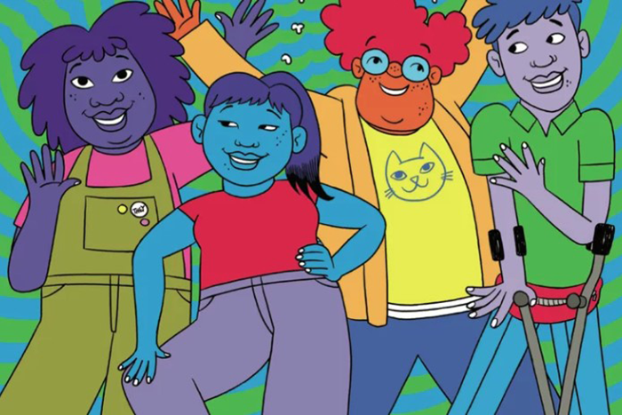a drawing of four colorful kids standing representing different races and backgrounds
