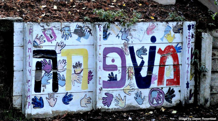 Handpainted wall with the word MISHPOCHA in Hebrew which means family 