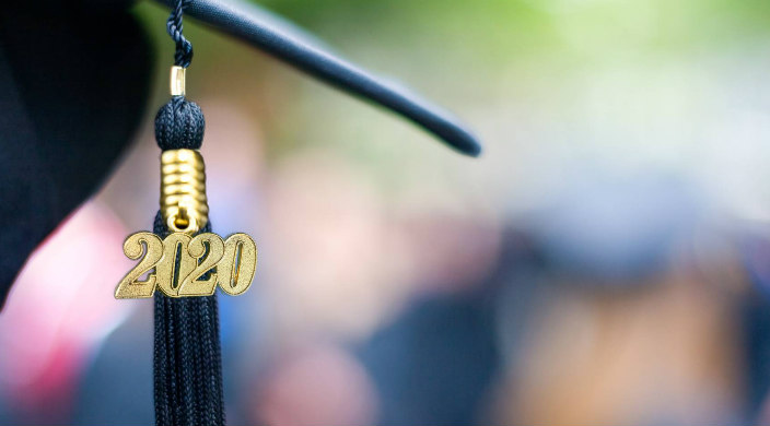 Closeup of the 2020 tassel on a black graduation cap