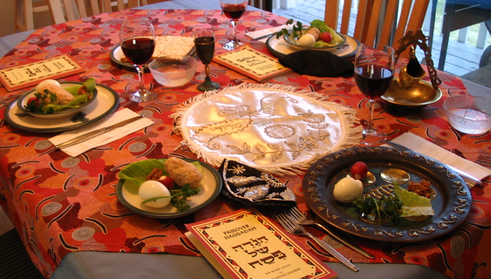 Seder table with wine at Passover