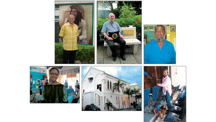 Clockwise from top left: Rabbi Dana Evan Kaplan outside Bob Marley Museum; Ainsley Henriques in synagogue courtyard; Patrick Mudahy; William & Gabrielle Rennalls; Congregation Sha'are Shalom; cantorial soloist Marie Reynolds. Photos by Judy Hirt-Manheimer