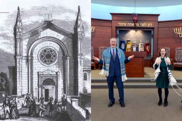 a historical depiction of a synagogue on the left and a pair of smiling clergy on the right