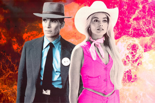 A photo of Cillian Murphy as Oppenheimer and Margot Robbie as Barbie side by side